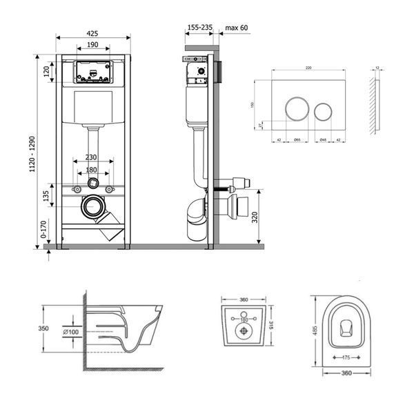 Готовое решение Qtap для ванной комнаты: подвесной унитаз Jay Ultra Quiet 485x360x320 + комплект инсталляции Nest 4 в 1 (круглая клавиша Matt Black) SD00051260 фото