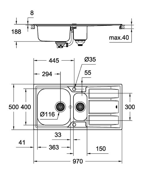 Мийка для кухні 970 x 500 мм з ексцентриком, 2 чаши, матова (31567SD0) 31567SD0 фото