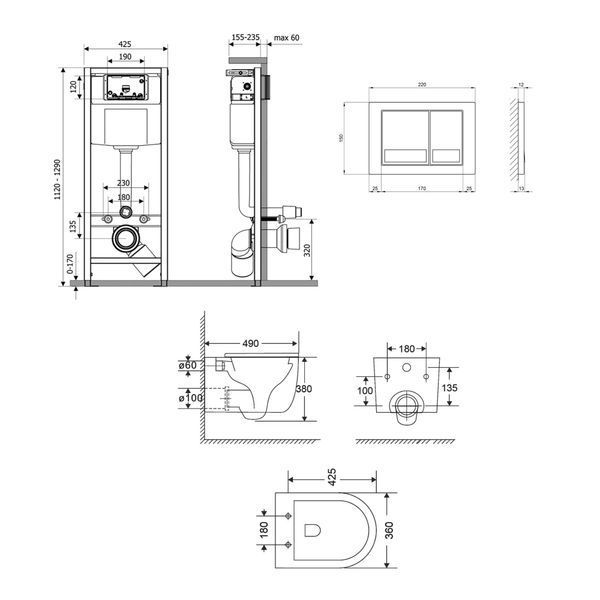 Готовое решение Qtap для ванной комнаты: подвесной унитаз Taurus Ultra Quiet 485&times;360&times;350 + комплект инсталляции Nest 4 в 1 (квадратная клавиша Chrome) SD00052275 фото