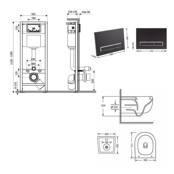 Готовое решение Qtap для ванной комнаты: подвесной унитаз Taurus Ultra Quiet 515&times;360&times;350+ комплект инсталляции Nest 4в1 (линейная клавиша Matt Black) SD00055997 фото