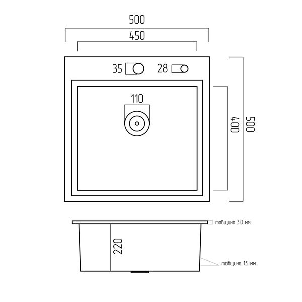 Кухонная мойка Platinum Handmade 500x500x220 (толщина 3,0/1,5 мм корзина и дозатор в комплекте) 23566 фото