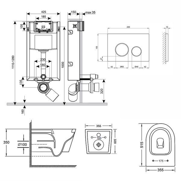 Готове рішення Qtap для ванної кімнати: підвісний унітаз Swan Rimless 520х360х320 + комплект інсталяції Nest 4 в 1 (кругла клавіша Black mat) SD00042997 фото